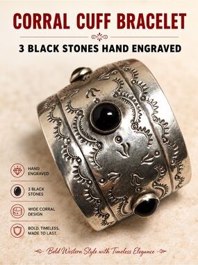 Corral Cuff Silver and Black Stones Bracelet with Intricate Designs